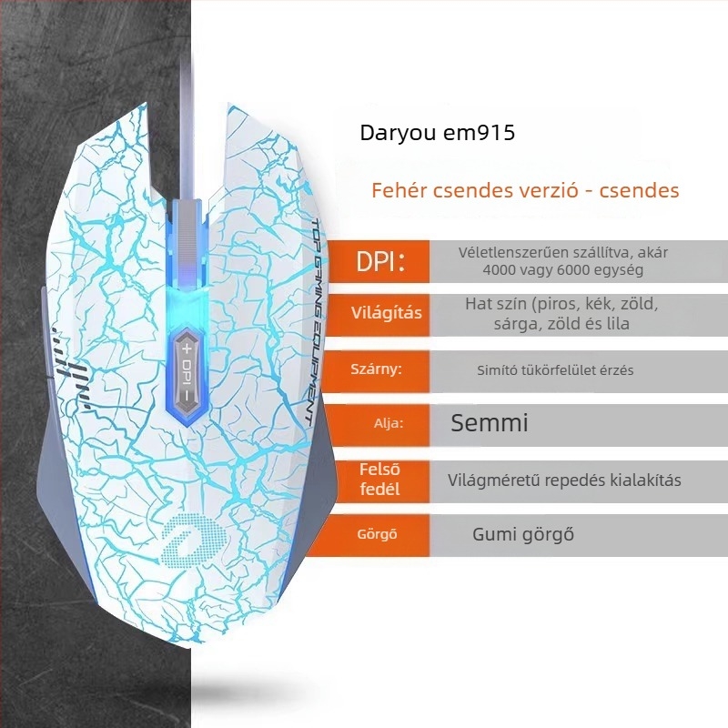 Játékos vezetékes optikai egér – 6 DPI-szint, 4000 DPI, 8 gomb, USB, ergonomikus