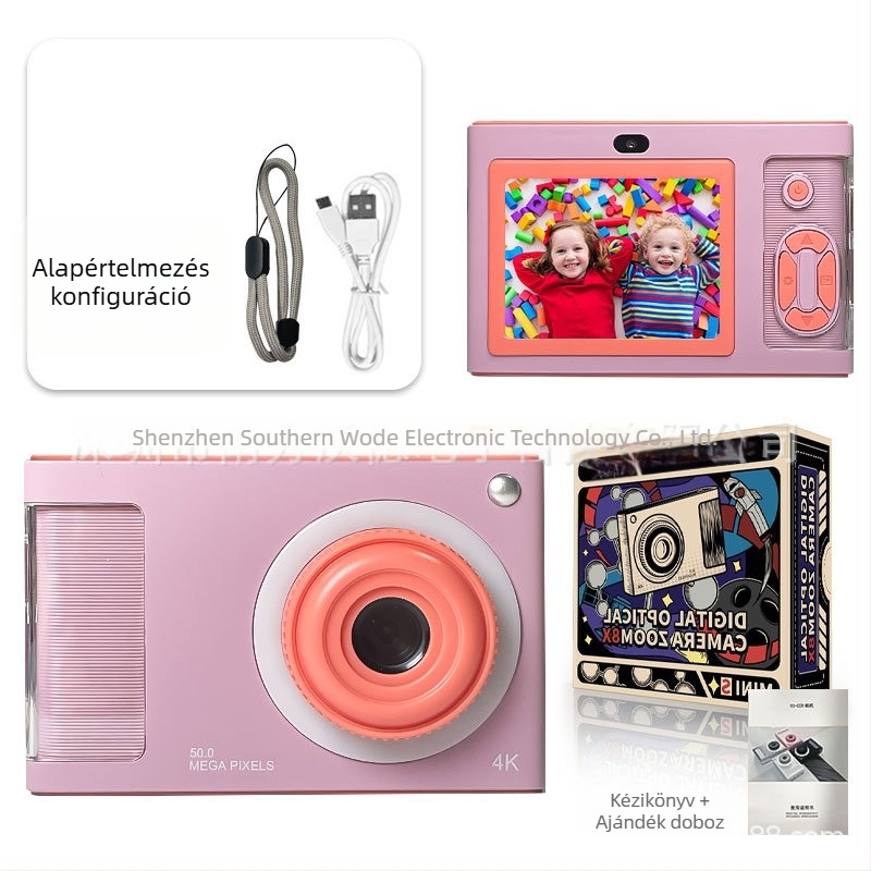 4K gyermek kamera kettős előlapi és hátsó kamera, CMOS 24 MP érzékelő, 4x optikai zoom, 2,4 hüvelykes LCD
