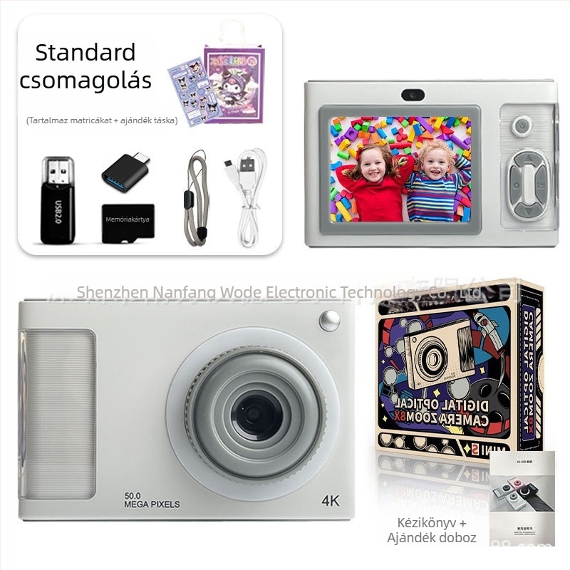 4K gyermek kamera kettős előlapi és hátsó kamera, CMOS 24 MP érzékelő, 4x optikai zoom, 2,4 hüvelykes LCD