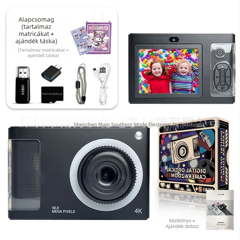 4K gyermek kamera kettős előlapi és hátsó kamera, CMOS 24 MP érzékelő, 4x optikai zoom, 2,4 hüvelykes LCD