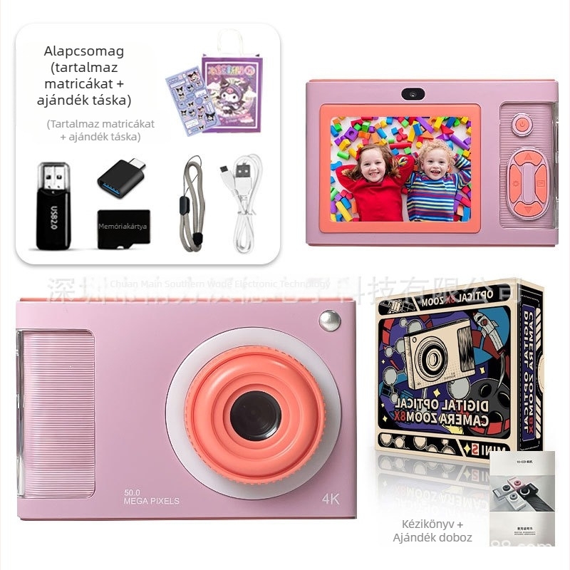4K gyermek kamera kettős előlapi és hátsó kamera, CMOS 24 MP érzékelő, 4x optikai zoom, 2,4 hüvelykes LCD