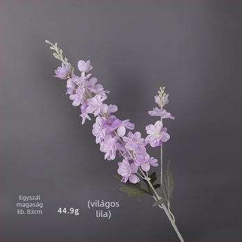 Gardenia márkájú művirág Delphinium kétágu szárakkal, flockolt felülettel; esküvőkhöz, fotórekvizitként és otthoni dekorációhoz; anyag: selyemvirág és Pan vászon; kivitelezés: styling, relief, injection molding; változat: egyéb