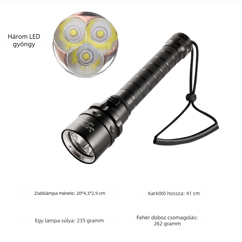 Bowen 3-LED zseblámpa merüléshez és szabadtéri használatra, IPX8, 30W, 2200mAh, fix fókusz
