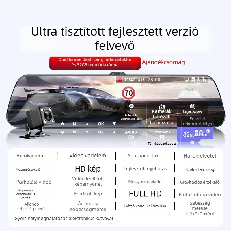 Autós dashkamera elülső és hátsó duál felvétellel, 360° panoráma, F2.0, 1080p, 4MP