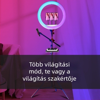 Fényképészeti körlámpa élő közvetítéshez – RGB töltőfény, 10-50W, lépés nélküli dimmelés, függőleges szerelés