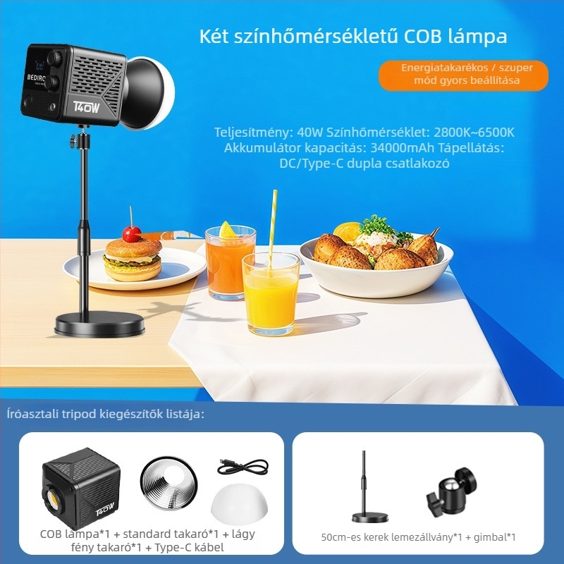 Hordozható mini kitöltő fény élő közvetítéshez: három színhőmérséklet, 10–50W, PD20V