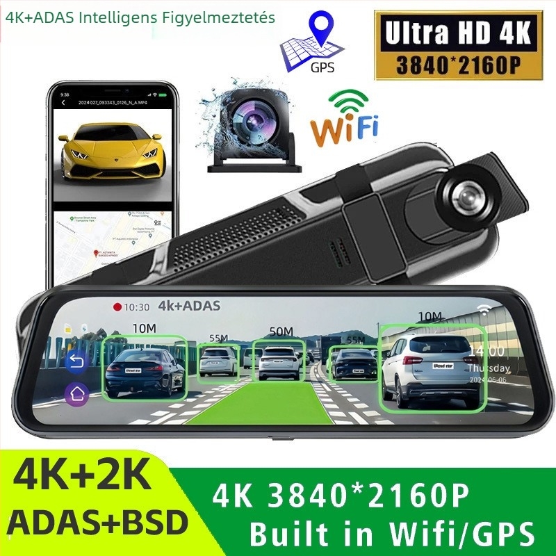 ADAS autós visszapillantó tükrös dash cam, kettős lencsével, Wi‑Fi, 1080p, 170° látómező