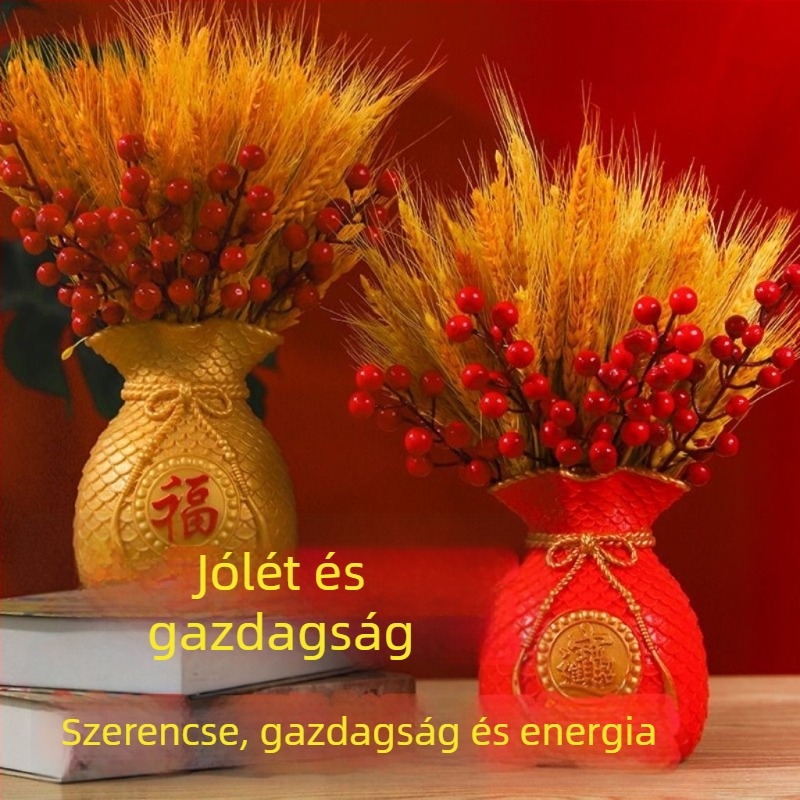 Szárított búzaágakból álló csokor, festett fűfélék, karton csomagolás