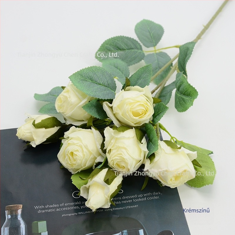 7 fejű hópehely rózsa művirág szár, 65 cm, szállodai lobby dekorációhoz, esküvői és fotórekvizit