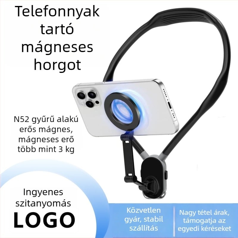Nyakban viselhető mágneses telefon-tartó első személyes nézethez, mellkashoz rögzítve, anti-shake stabilizáció, szilikon/ötvözet/plasztik összetétel