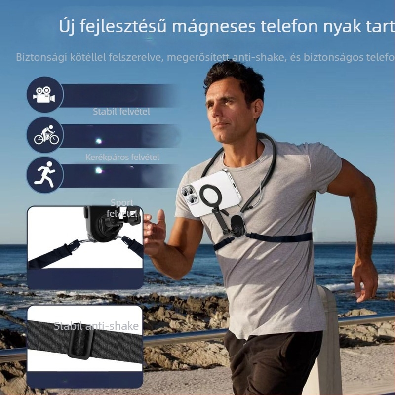 Nyakban viselhető mágneses telefon-tartó első személyes nézethez, mellkashoz rögzítve, anti-shake stabilizáció, szilikon/ötvözet/plasztik összetétel