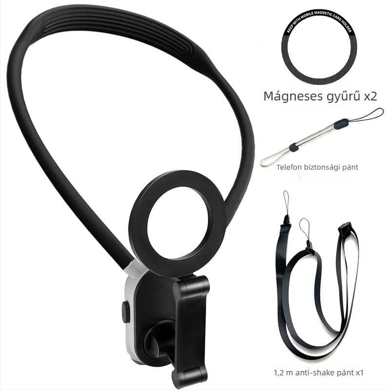 Nyakban viselhető mágneses telefon-tartó első személyes nézethez, mellkashoz rögzítve, anti-shake stabilizáció, szilikon/ötvözet/plasztik összetétel