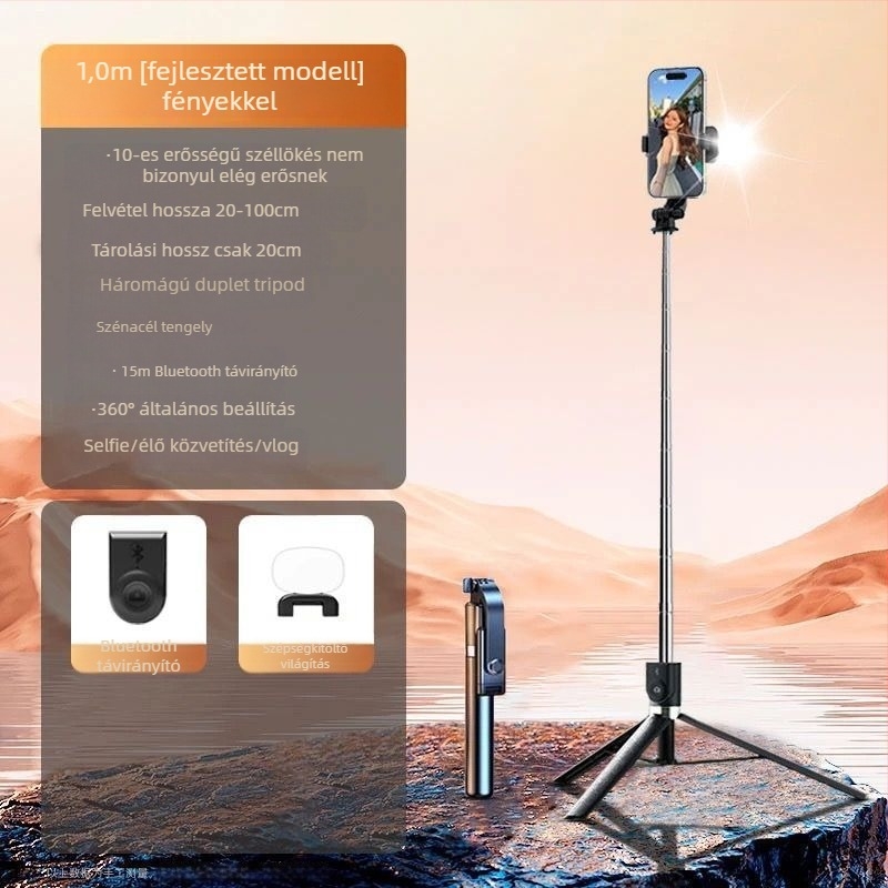 Bluetooth Selfie Stick Tripod – Világító Fénnyel, Távirányítóval, Hordozható Univerzális Telefon-tartó, Rozsdamentes Acél, IBIS Támogatás