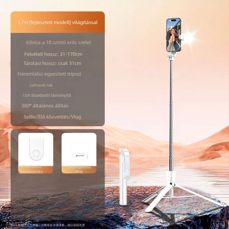 Bluetooth Selfie Stick Tripod – Világító Fénnyel, Távirányítóval, Hordozható Univerzális Telefon-tartó, Rozsdamentes Acél, IBIS Támogatás