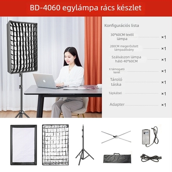 Hordozható LED fotófény a közvetítésekhez, kettős színhőmérséklet 2700–6500K, 70–100W, E27 foglalat, 22V, független tápegység, fényerő állítható