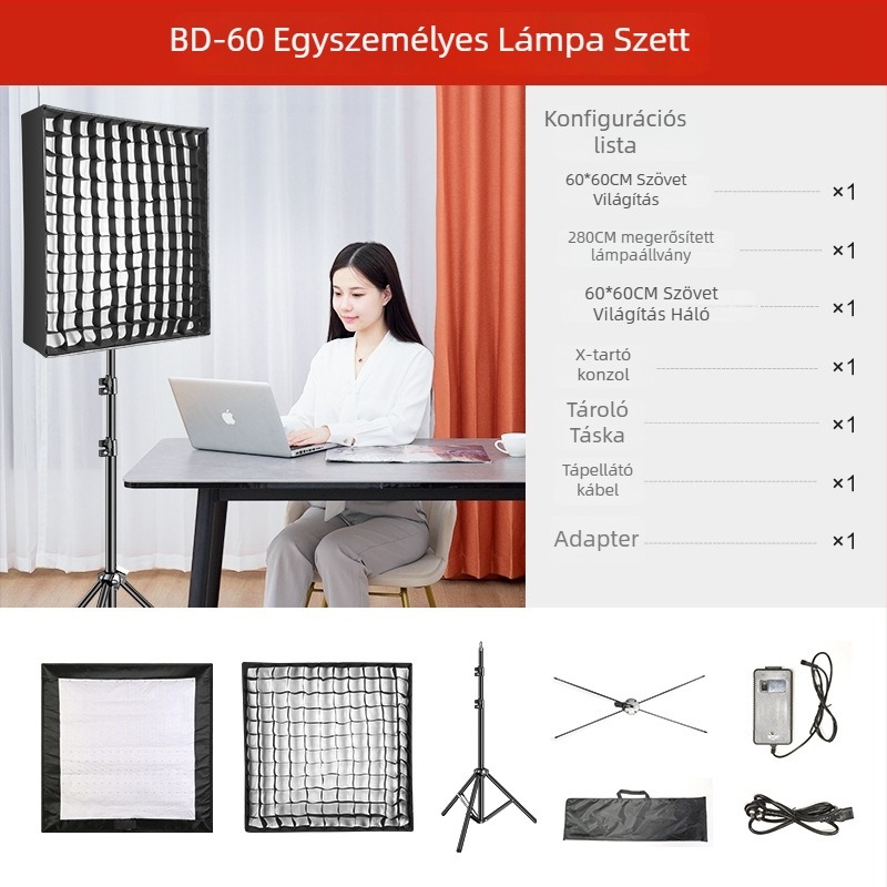 Hordozható LED fotófény a közvetítésekhez, kettős színhőmérséklet 2700–6500K, 70–100W, E27 foglalat, 22V, független tápegység, fényerő állítható