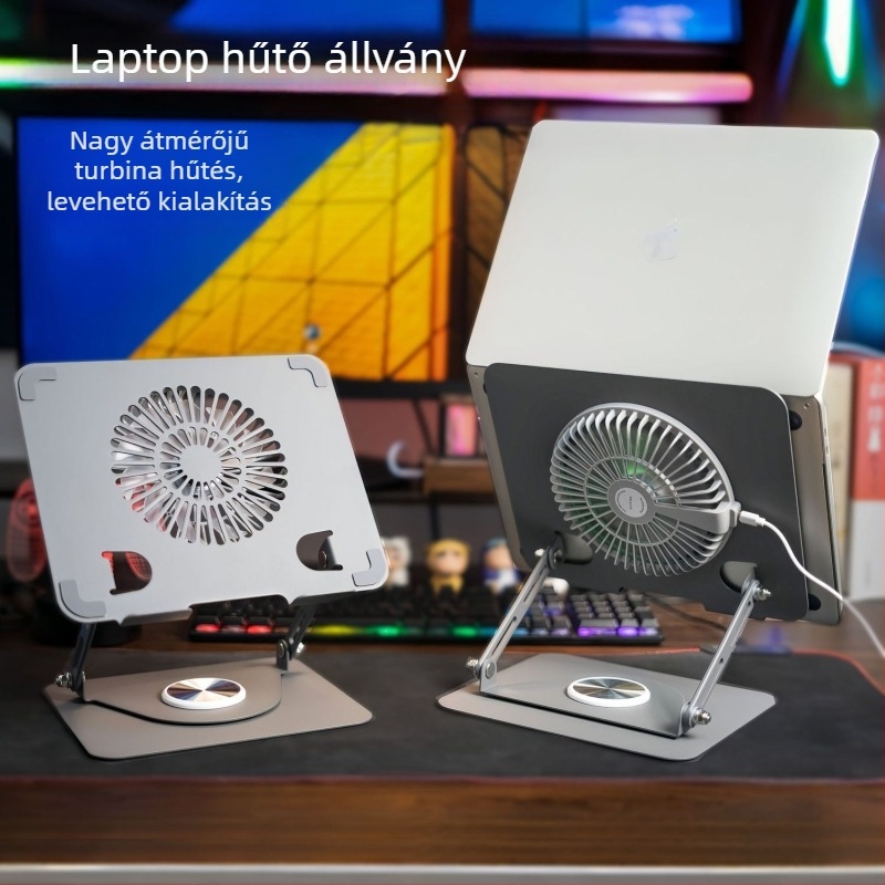 360°-os forgatható laptop-tartó, beépített hűtéssel, levehető RGB ventilátor