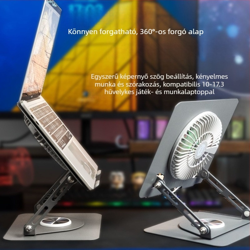 360°-os forgatható laptop-tartó, beépített hűtéssel, levehető RGB ventilátor