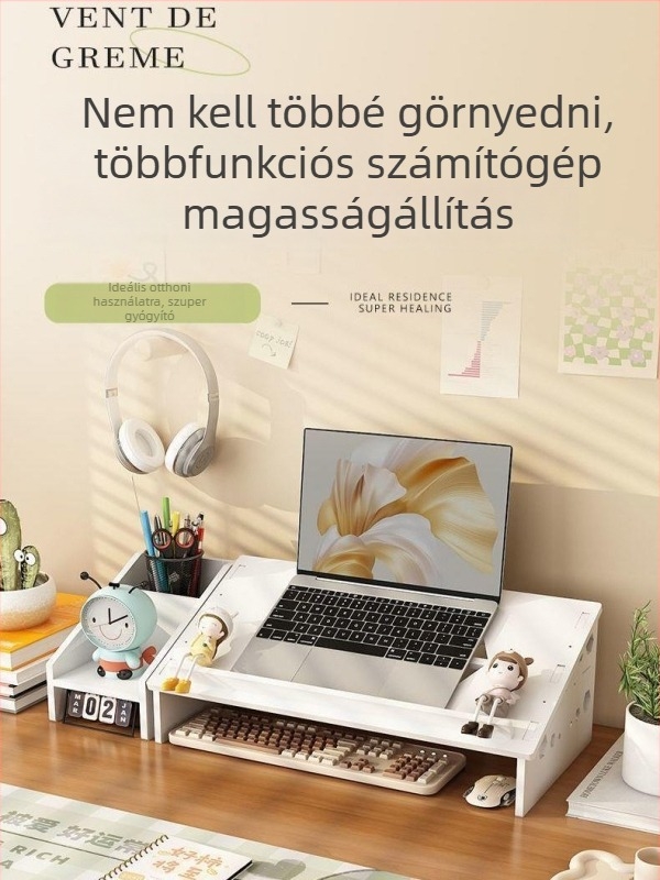 Laptop hűtőállvány, állítható asztali magassággal, nyaki támasz és tároló polc