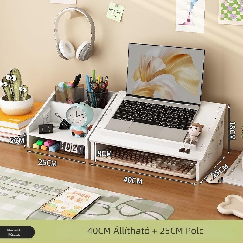 Laptop hűtőállvány, állítható asztali magassággal, nyaki támasz és tároló polc