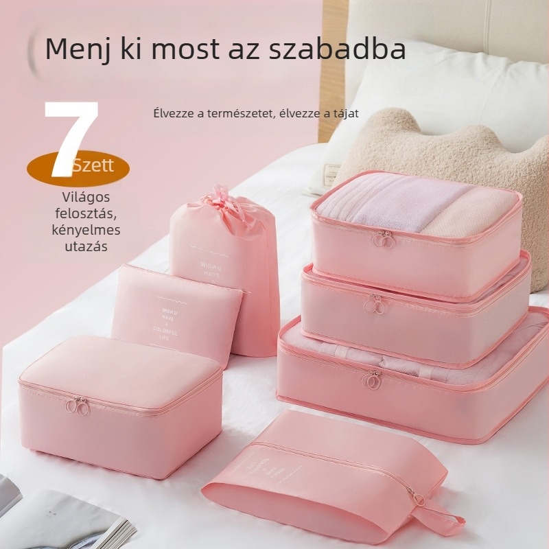 Utazó szervező táska – hét darabból álló kubus alakú twill anyagú tároló készlet kozmetikumokhoz, ruházathoz és piszkos ruhákhoz