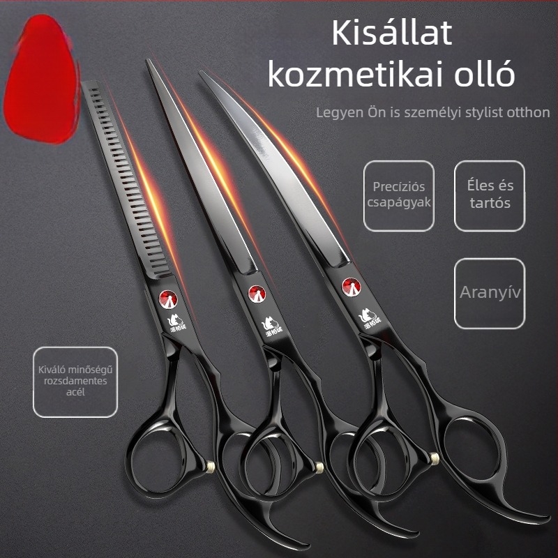 Kisállatgondozó ollókészlet kutyák számára — egyenes, ívelt és fogazott ollók a szőr nyírásához