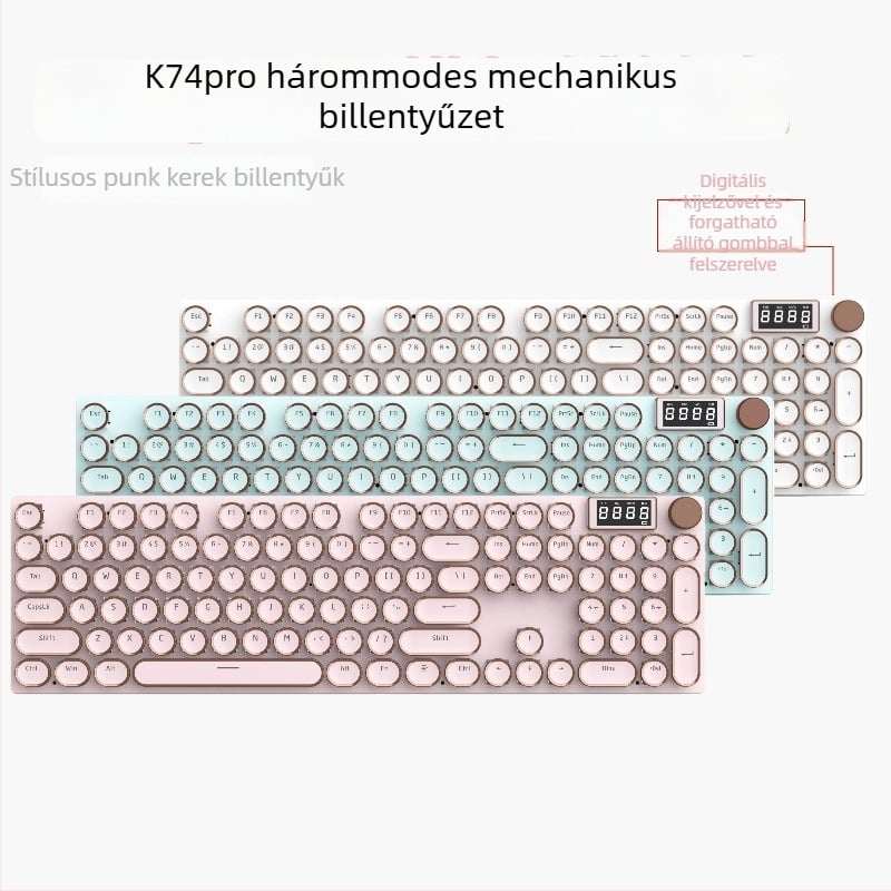 K74 mechanikus billentyűzet, 104 gomb, hárommódú csatlakozás, fehér kapcsolók, RGB háttérvilágítás