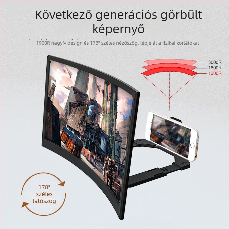 Ívelt telefon‑monitor nagyító asztali tartó Fresnel lencsével, műanyag test, magáncímke elérhető, testreszabás, csomagolás: színes doboz + blister