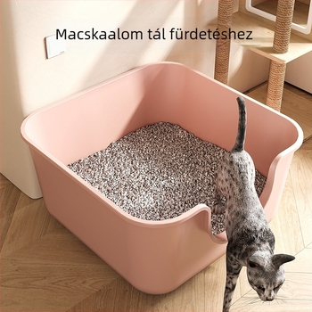 Túlméretezett macskaalom tál fröccsenésvédővel, félig zárt nyitott kialakítás, könnyen tisztítható