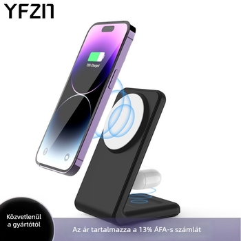 Kétfunkciós mágneses vezeték nélküli töltő összecsukható állvánnyal, Apple készülékekhez, 15W gyors töltés (PD)