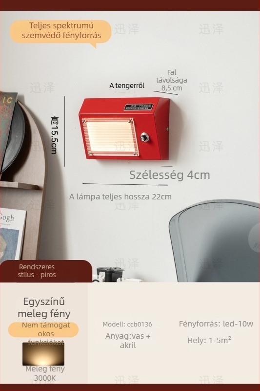 Fali lámpa akril árnyékolóval, LED fényforrás, vasból készült test, 220V, tekerőkapcsoló, középkori stílus