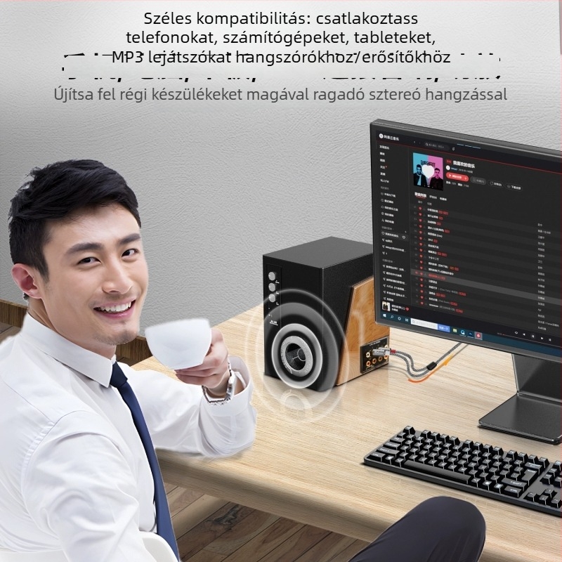 3,5 mm-es dual RCA adapterkábel erősítőhöz és hangrendszerekhez, rézmag, audió kimenet