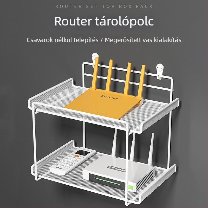 Router falra szerelhető polc, kovácsoltvas, két szintű, fúrás nélküli rögzítés, összecsukható és mozgatható