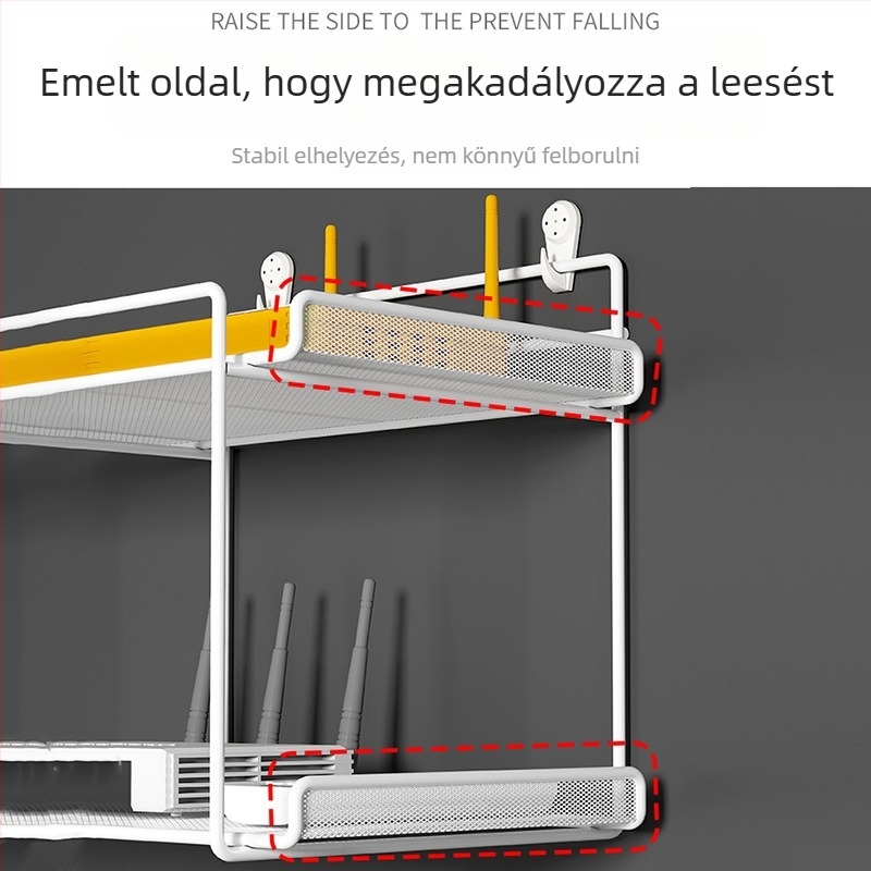 Router falra szerelhető polc, kovácsoltvas, két szintű, fúrás nélküli rögzítés, összecsukható és mozgatható