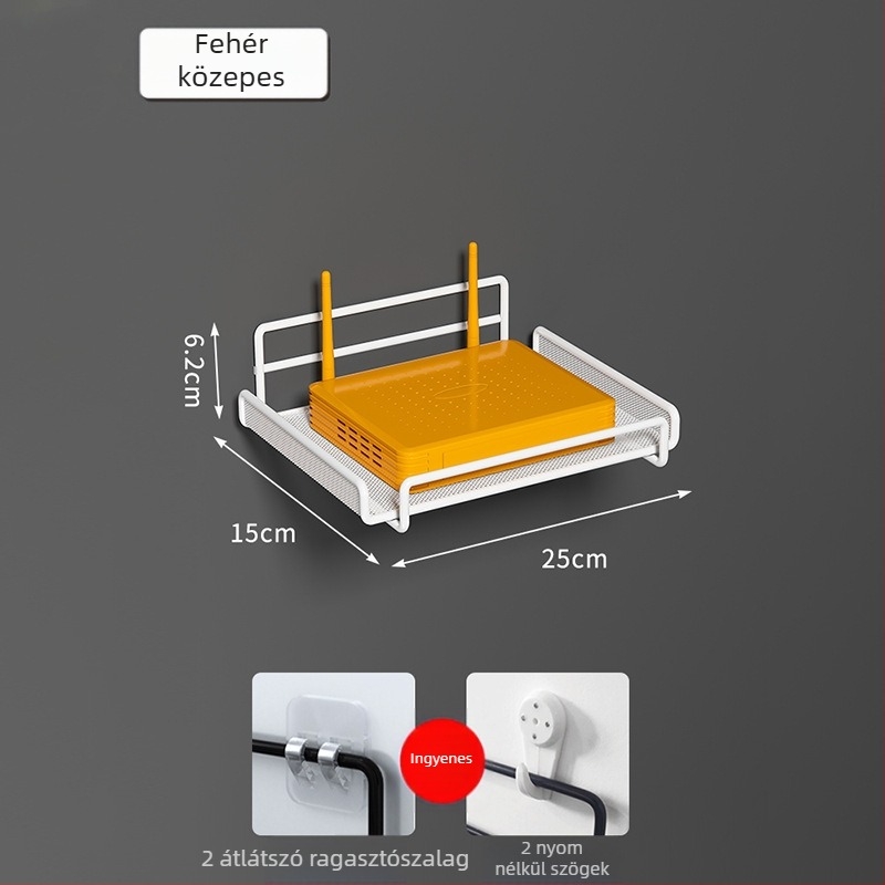 Router falra szerelhető polc, kovácsoltvas, két szintű, fúrás nélküli rögzítés, összecsukható és mozgatható