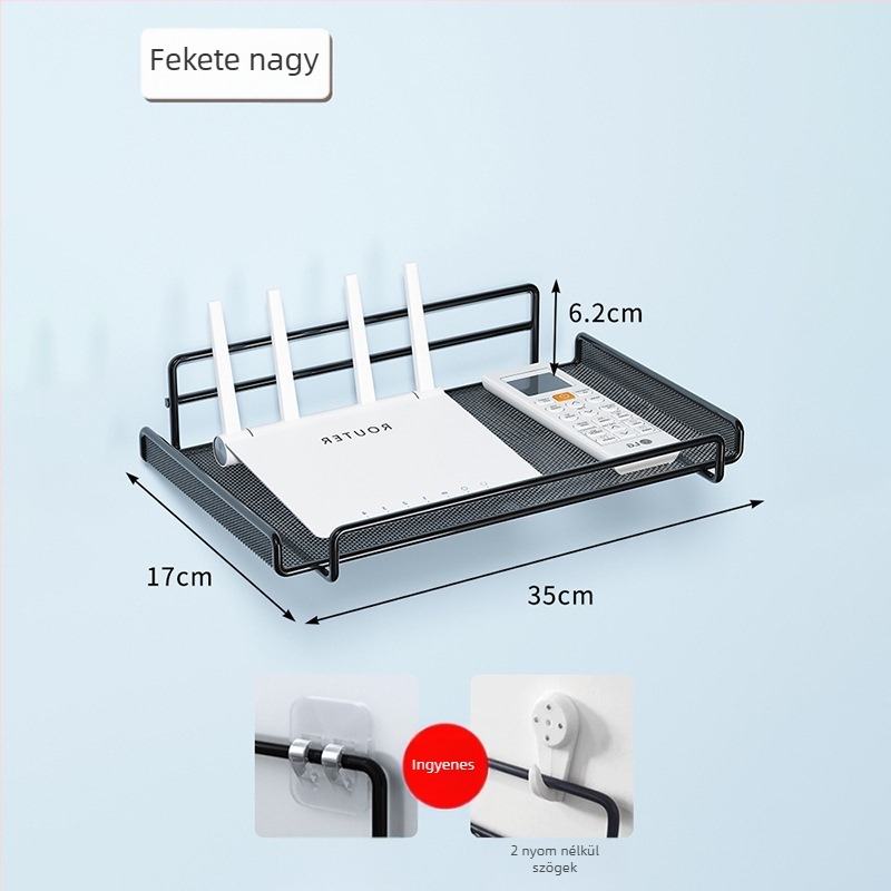 Router falra szerelhető polc, kovácsoltvas, két szintű, fúrás nélküli rögzítés, összecsukható és mozgatható