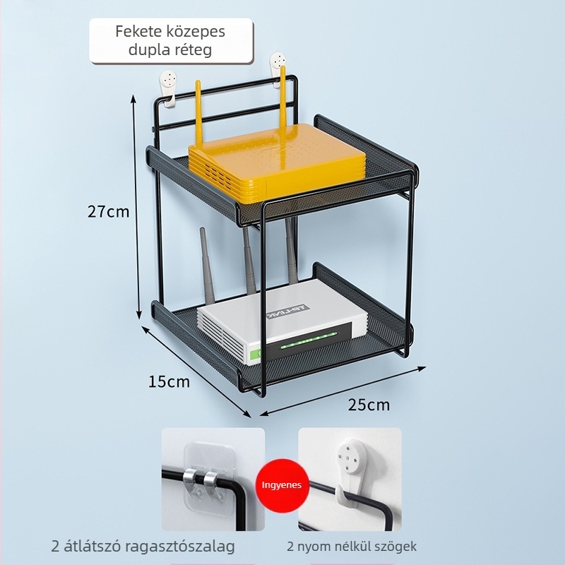 Router falra szerelhető polc, kovácsoltvas, két szintű, fúrás nélküli rögzítés, összecsukható és mozgatható