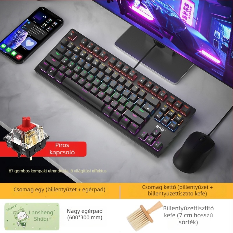 Bow hot-swappable valódi mechanikus billentyűzet barna kapcsolókkal, 87 gomb, kábelezett, laptopokhoz és asztali számítógépekhez, gaming