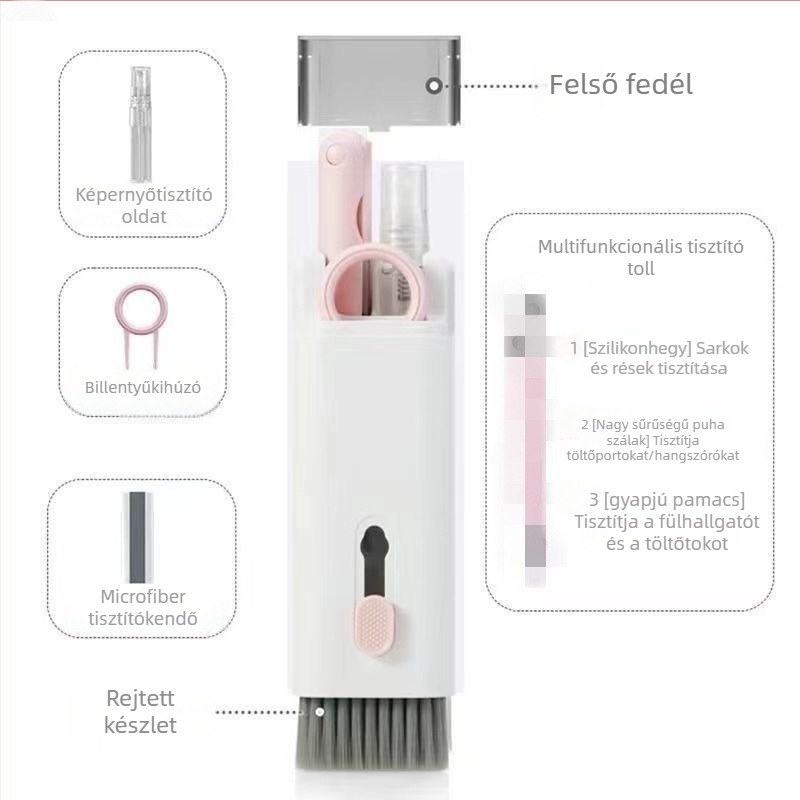 7 az 1-ben billentyűzet-tisztító készlet, eszköz a billentyűk kihúzásához, tisztító eszközök a telefon képernyőjéhez és Bluetooth fülhallgatókhoz – ABS, 90 g, notebook-kompatibilis, univerzális tisztító készlet