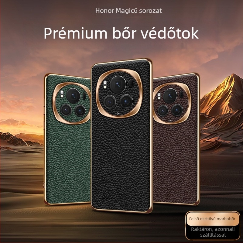 Magic6/Pro telefonvédő, elektroplatált fény-árnyék gyűrűvel, teljes körű védelem, valódi bőr, ütésálló, lychee textúra