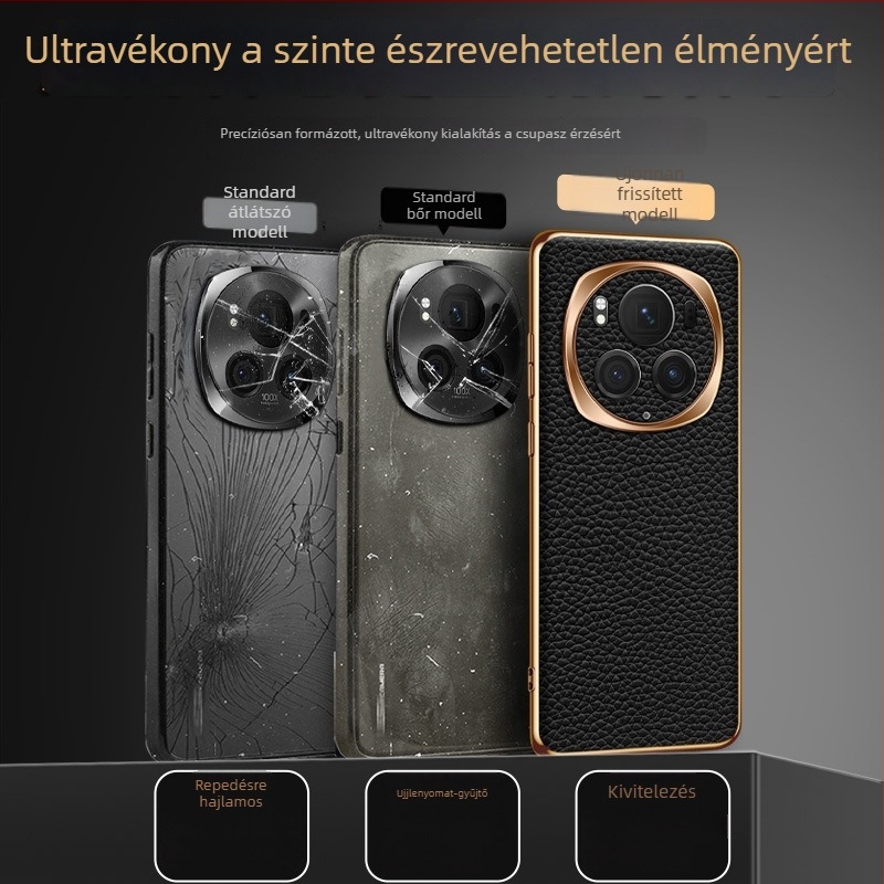 Magic6/Pro telefonvédő, elektroplatált fény-árnyék gyűrűvel, teljes körű védelem, valódi bőr, ütésálló, lychee textúra