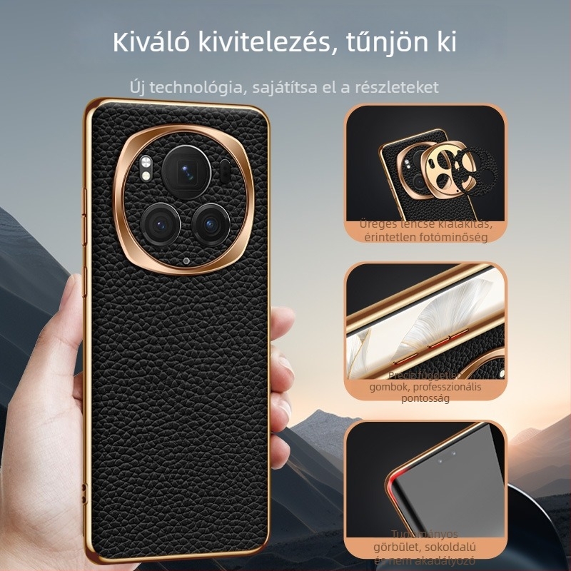 Magic6/Pro telefonvédő, elektroplatált fény-árnyék gyűrűvel, teljes körű védelem, valódi bőr, ütésálló, lychee textúra
