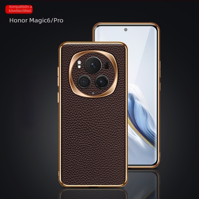 Magic6/Pro telefonvédő, elektroplatált fény-árnyék gyűrűvel, teljes körű védelem, valódi bőr, ütésálló, lychee textúra