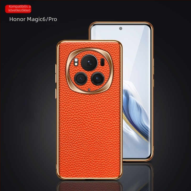 Magic6/Pro telefonvédő, elektroplatált fény-árnyék gyűrűvel, teljes körű védelem, valódi bőr, ütésálló, lychee textúra