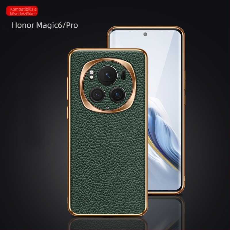Magic6/Pro telefonvédő, elektroplatált fény-árnyék gyűrűvel, teljes körű védelem, valódi bőr, ütésálló, lychee textúra