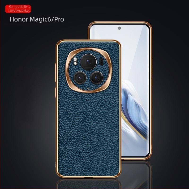 Magic6/Pro telefonvédő, elektroplatált fény-árnyék gyűrűvel, teljes körű védelem, valódi bőr, ütésálló, lychee textúra