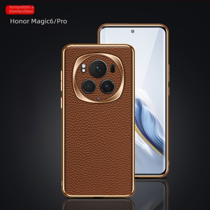 Magic6/Pro telefonvédő, elektroplatált fény-árnyék gyűrűvel, teljes körű védelem, valódi bőr, ütésálló, lychee textúra