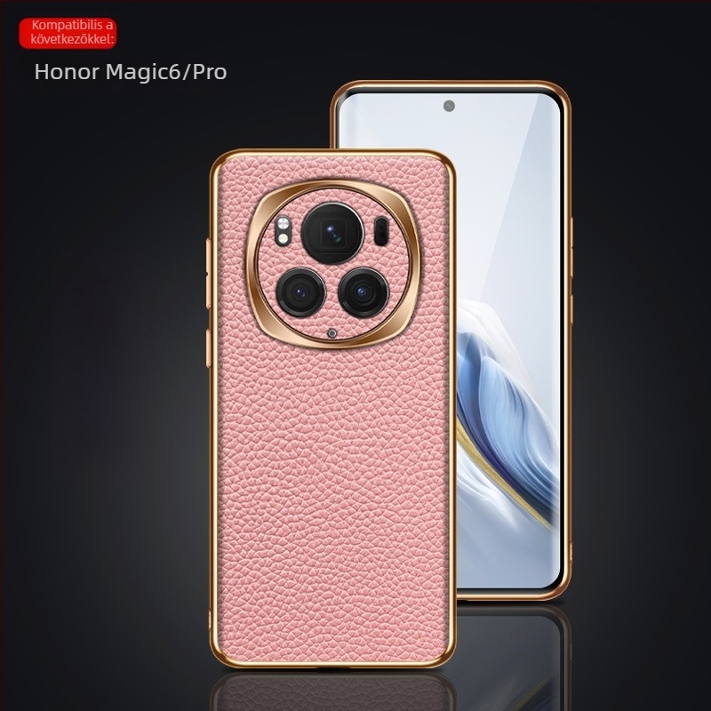 Magic6/Pro telefonvédő, elektroplatált fény-árnyék gyűrűvel, teljes körű védelem, valódi bőr, ütésálló, lychee textúra