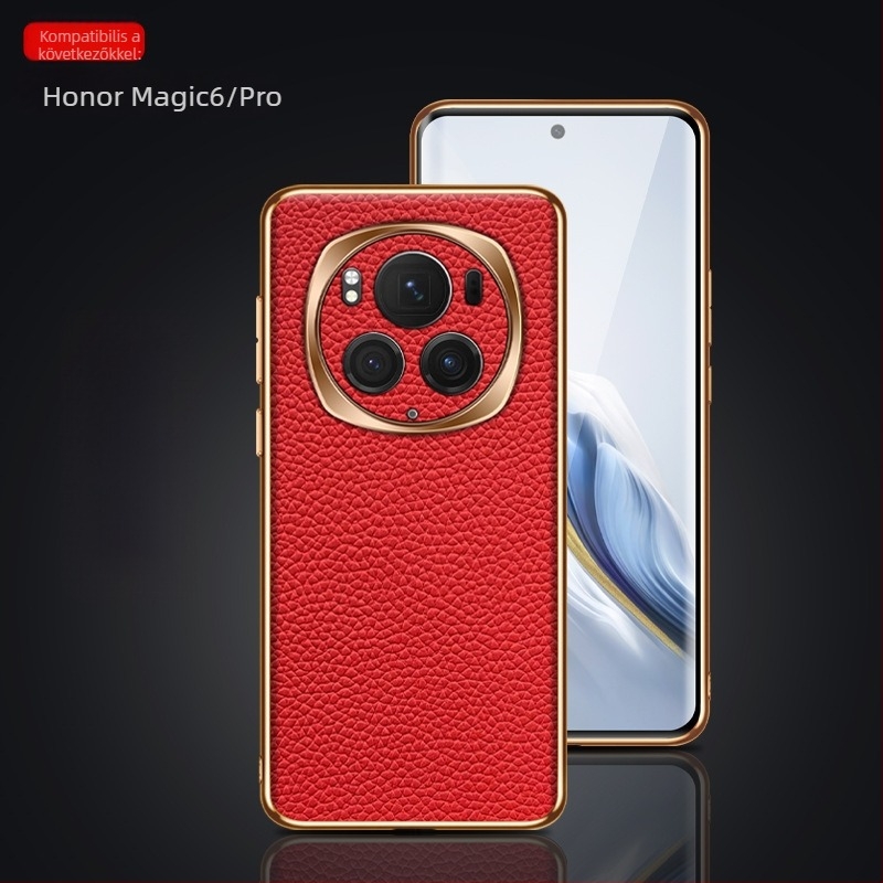 Magic6/Pro telefonvédő, elektroplatált fény-árnyék gyűrűvel, teljes körű védelem, valódi bőr, ütésálló, lychee textúra