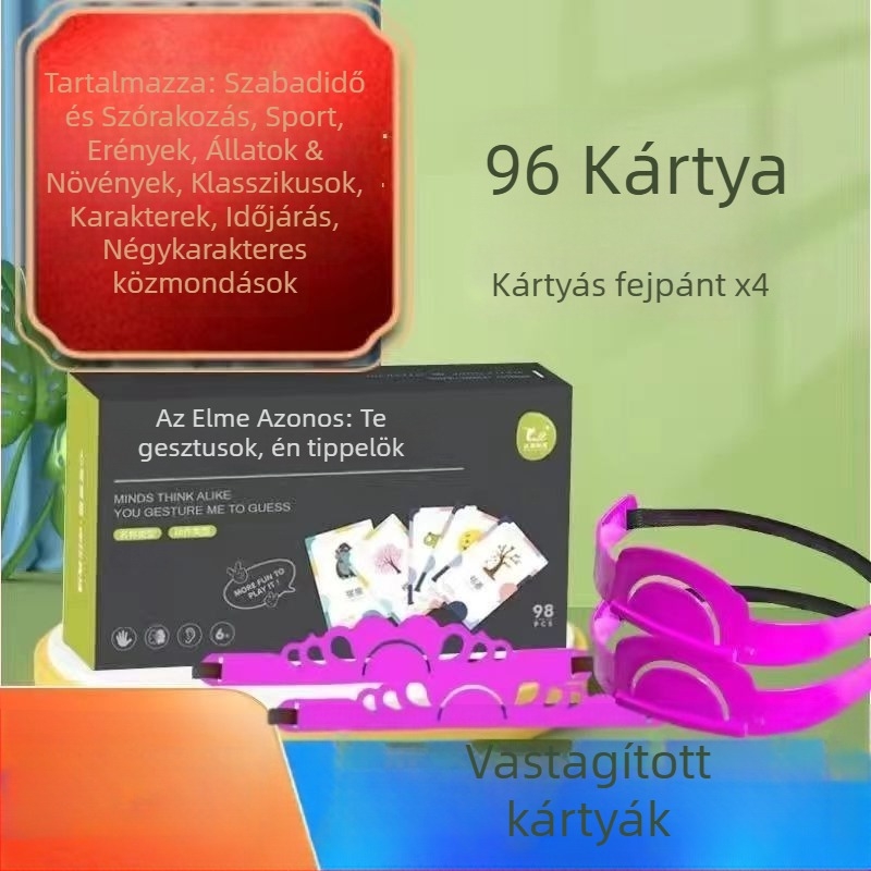 Gestus alapú társasjáték — családi interakció, 96 kártya (főnevek/igék) + 2 fejpánttal, papíralapú anyag, 7-14 éveseknek